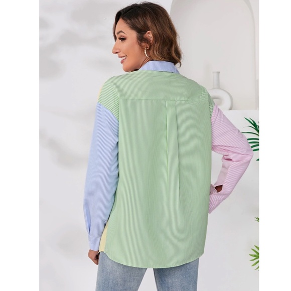 Multicolor Striped Casual Oversized Button Down Shirt (Blue, Green, Yellow, Pink - Picture 4 of 8